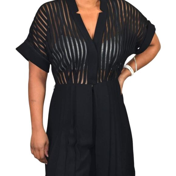 Kay Unger Romper Black Pleated Short Mesh Tailored Sheer Striped Wide Leg Size 6 - Picture 1 of 16